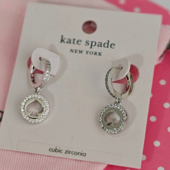 NEW Kate Spade Spot The Spade Pave Huggies Drop Dange Earrings Silver Clear - Picture 6 of 8